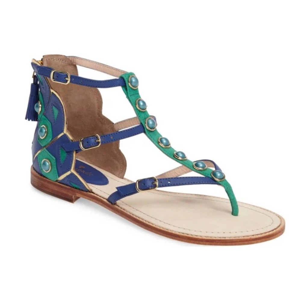 Kate Spade PEACOCK Soto Emerald Napa Leather Sandal Size 7.5 M NIB Gorgeous - Picture 1 of 13